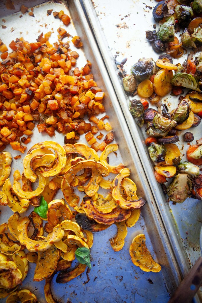 Roasting fall veggies, delicata squash and butternut squash for easy fall side dishes.