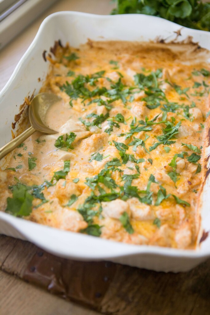 Creamy mexican chicken bake cooked in 9x13 baking dish.