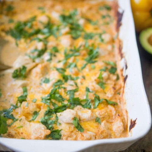 Creamy mexican chicken bake in 9x13 dish.