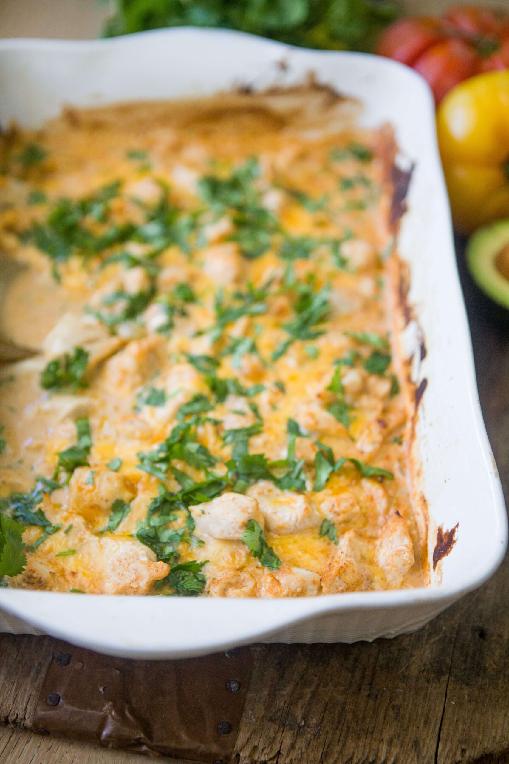 Creamy mexican chicken bake in 9x13 dish.