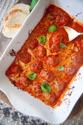 Cottage cheese meatballs baked in 9x13 baking dish.