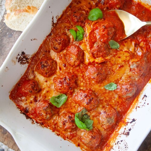 Cottage cheese meatballs baked in 9x13 baking dish.